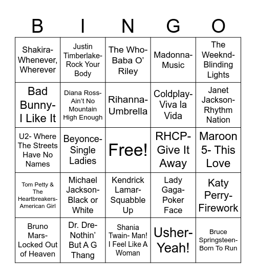 Radio Bingo Super Bowl Halftime Performers Bingo Card