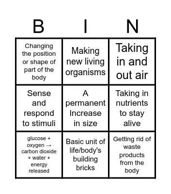 Characteristics of Living Things Bingo Card
