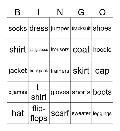 Clothes! Bingo Card