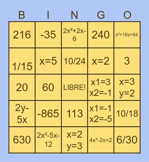 BINGO MATEMÁTICO Bingo Card