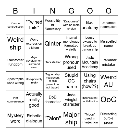 WoF Fanfic Bingo Card