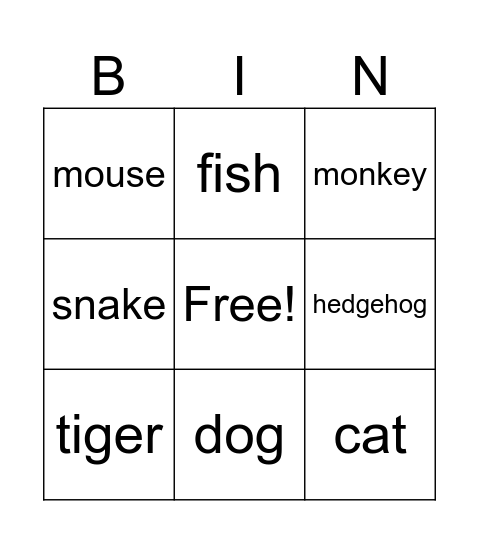 Animals Bingo Card