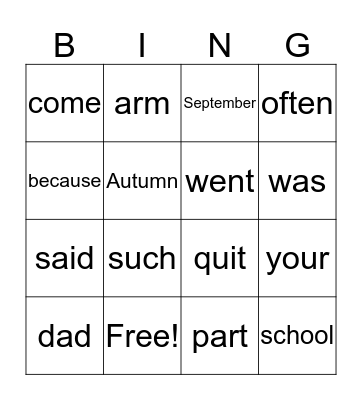 words of the week Bingo Card