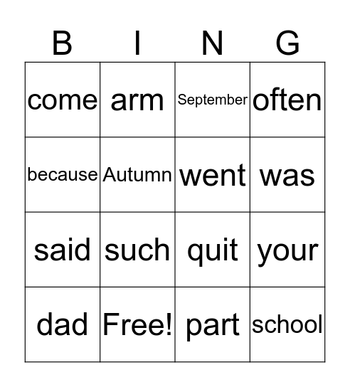 words of the week Bingo Card