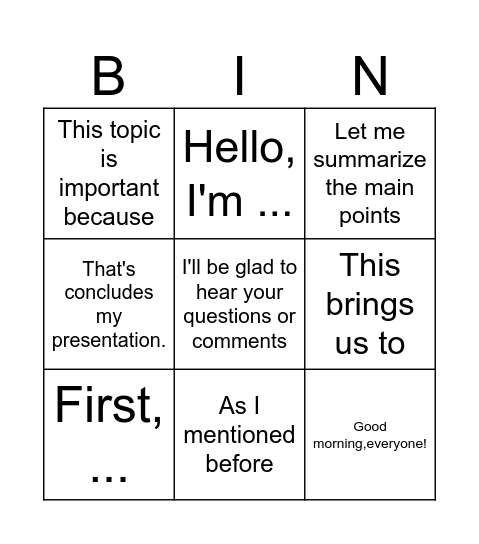 Presentation Bingo Card