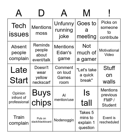 The Ultimate Adam Bingo Card