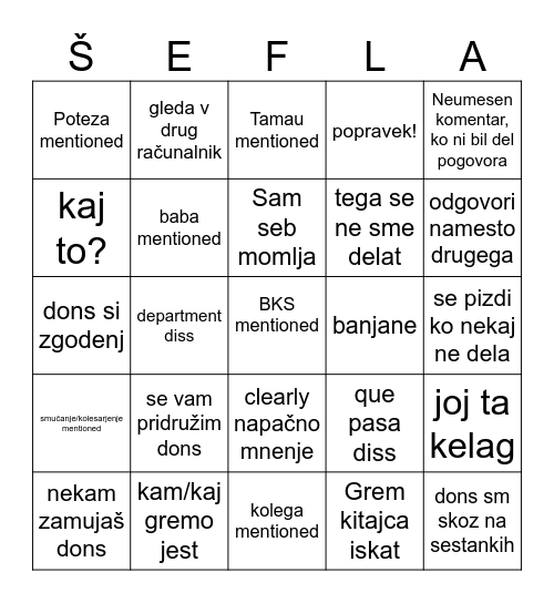 Šefla bingo card Bingo Card