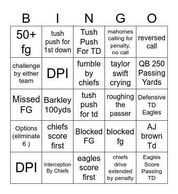 Superbowl Bingo Card