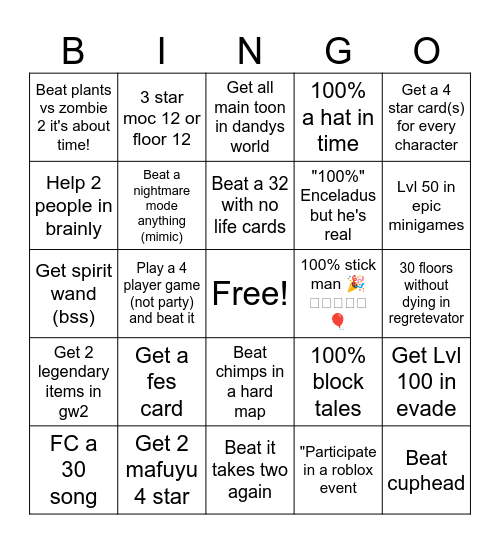 My new years resolution Bingo Card