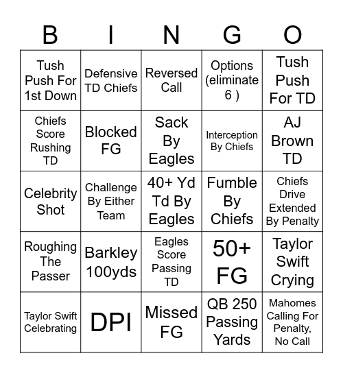 Super Bowl LIX Bingo Card