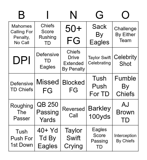 Super Bowl LIX Bingo Card