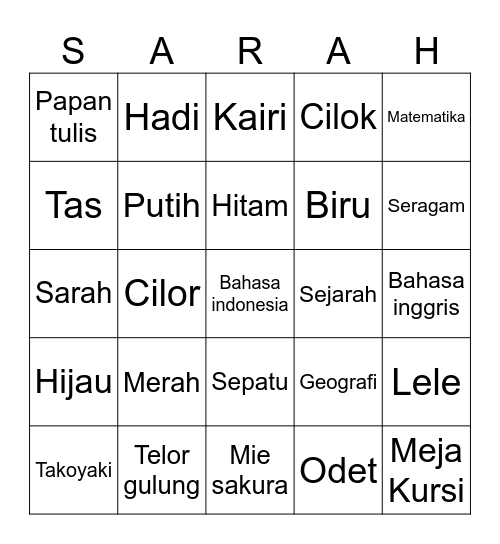 Bingo Sarah Bingo Card