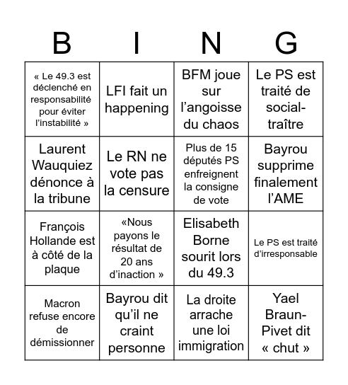 Bingo Bayrou VS Censure Bingo Card