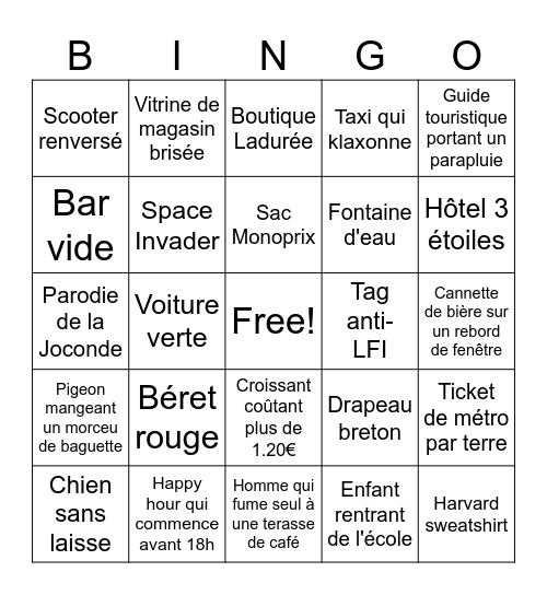 The Paris Experience Bingo Card