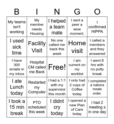 Work Week Bingo Card