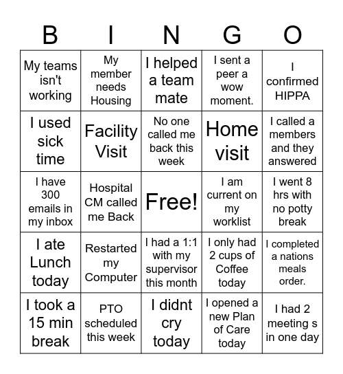 Work Week Bingo Card