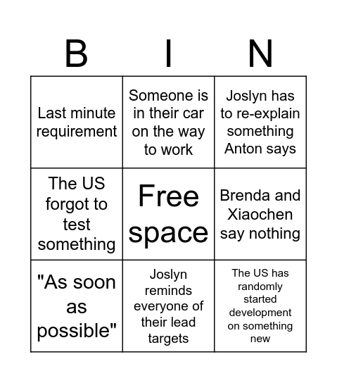 US standup bingo Card