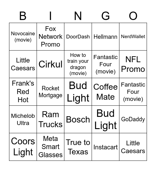 Kraft Super Bowl 2025 Bingo Card