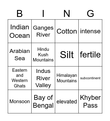 Lesson 12 India Geography Bingo Card
