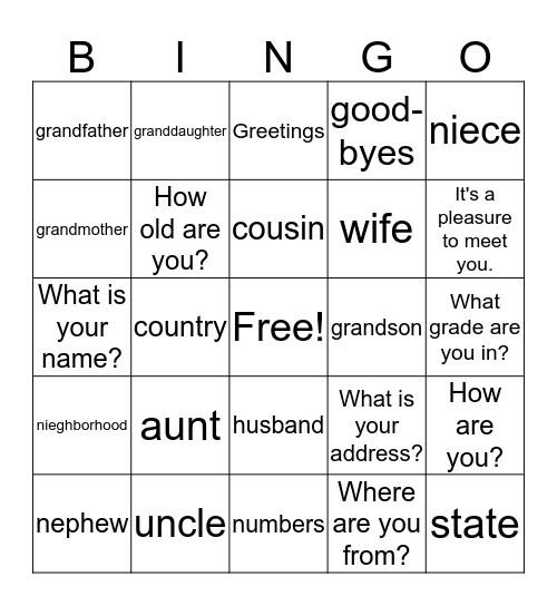 Unit 1 Bingo Card