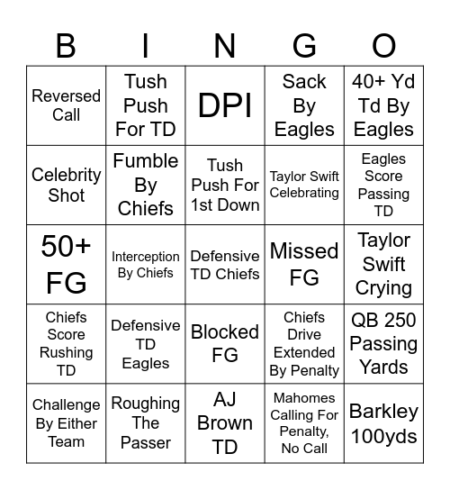 Super Bowl LIX Bingo Card