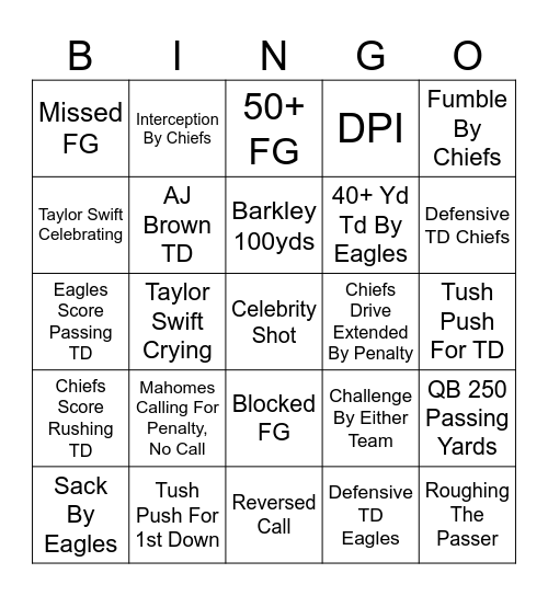 Super Bowl LIX Bingo Card