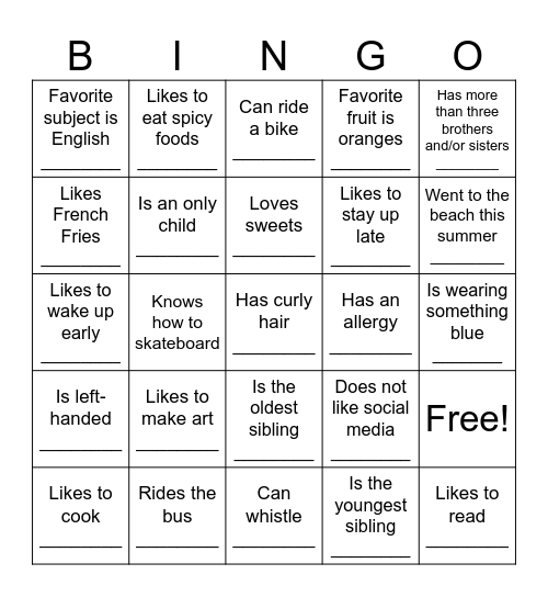 Find A Friend Who Bingo Card
