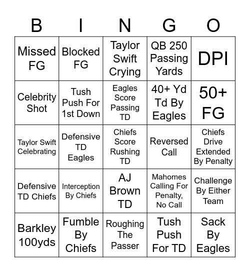 Super Bowl LIX Bingo Card