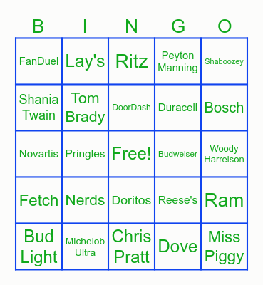 Super Bowl 2025 Commercial Bingo Card