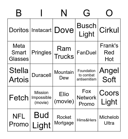 Kraft Super Bowl 2025 Bingo Card