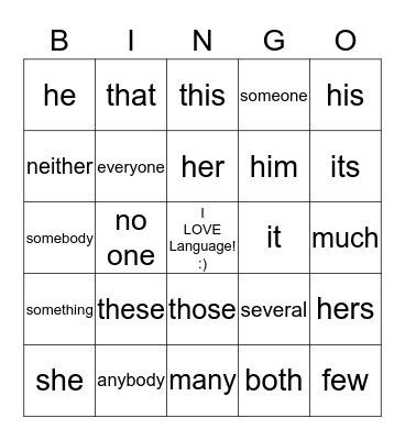 PRONOUNS BINGO Card