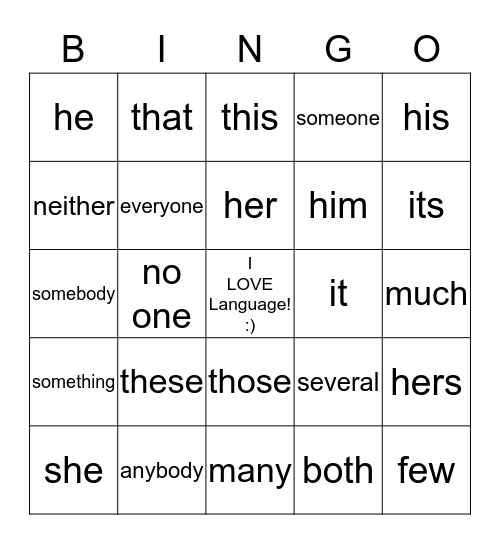 PRONOUNS BINGO Card