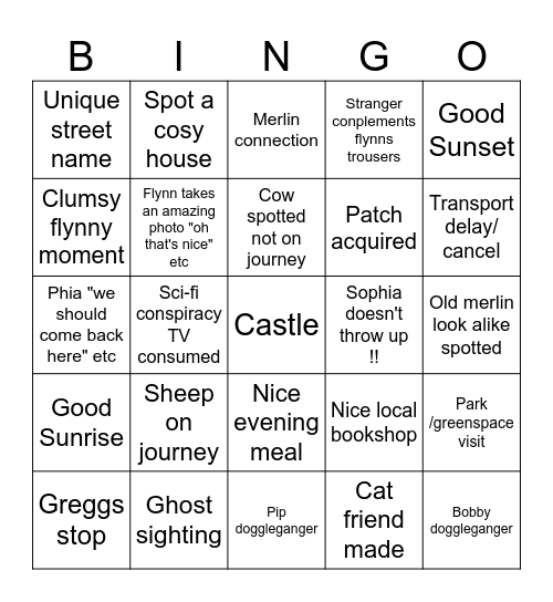 Phia and fleens travels Bingo Card