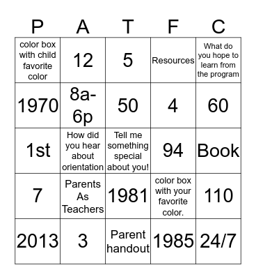 Parents As Teachers First Choice Health Center Bingo Card