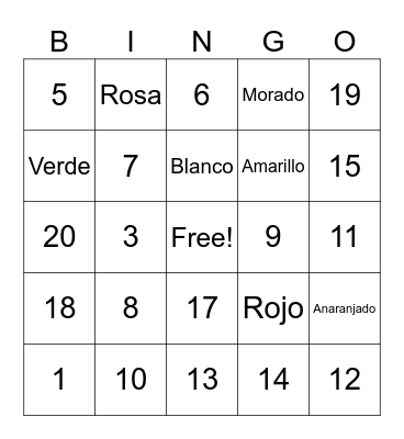 Los Numeros y Colores Bingo Card
