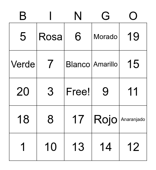 Los Numeros y Colores Bingo Card