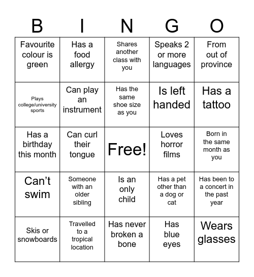 Get to know your teammates Bingo Card