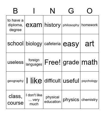 2A Vocabulary Bingo Card