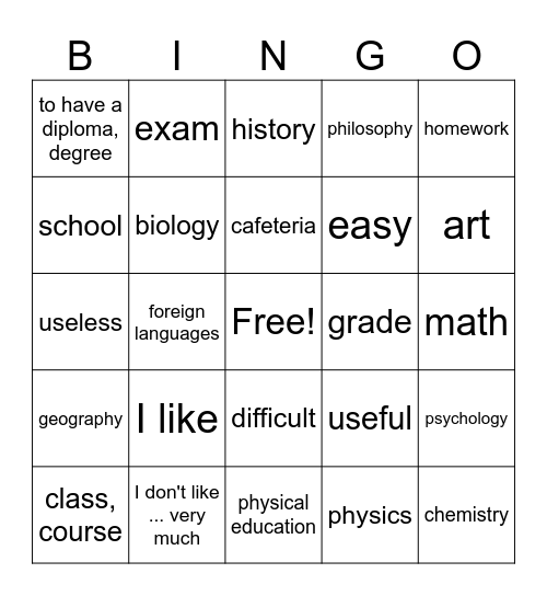 2A Vocabulary Bingo Card
