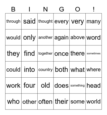 Sight Words Bingo Card
