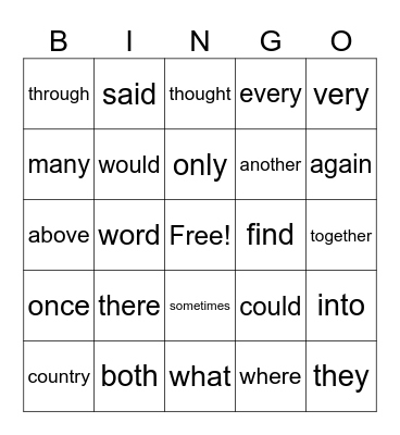 Sight Words Bingo Card
