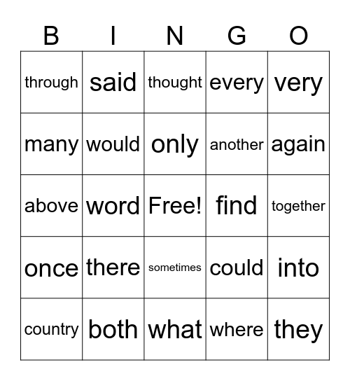 Sight Words Bingo Card