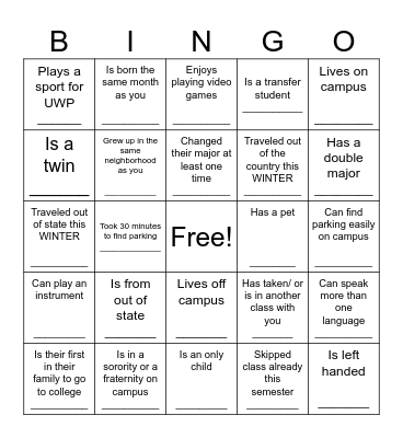 First Day of Class Bingo Card