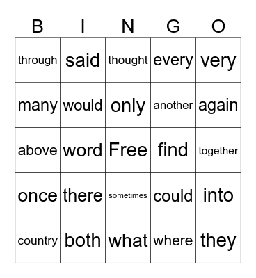 Sight Words Bingo Card