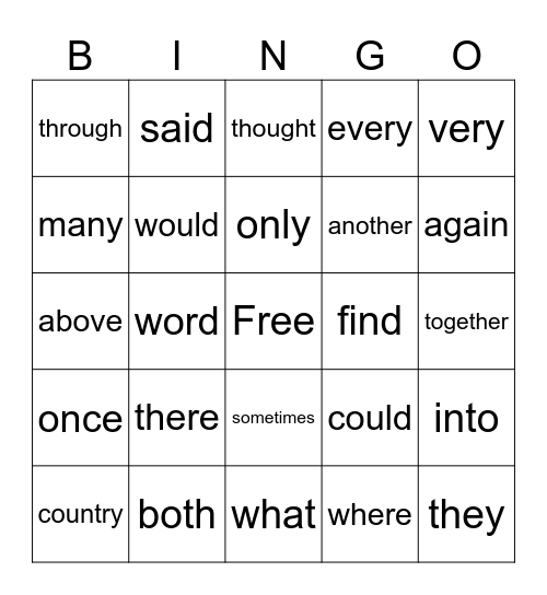 Sight Words Bingo Card