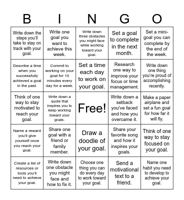 Goal Setting Bingo Card