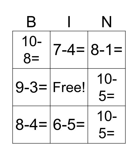 Subtraction Jump Rope Bingo Card