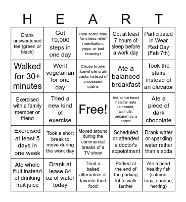 Heart Healthy Bingo Card