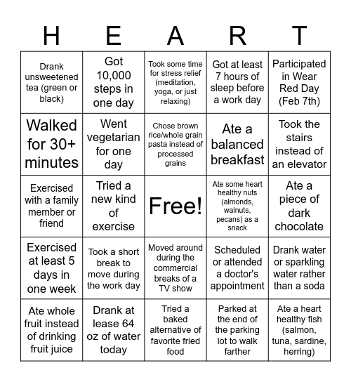 Heart Healthy Bingo Card