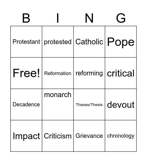 REFORMATION cruiLITERACY BINGO Card